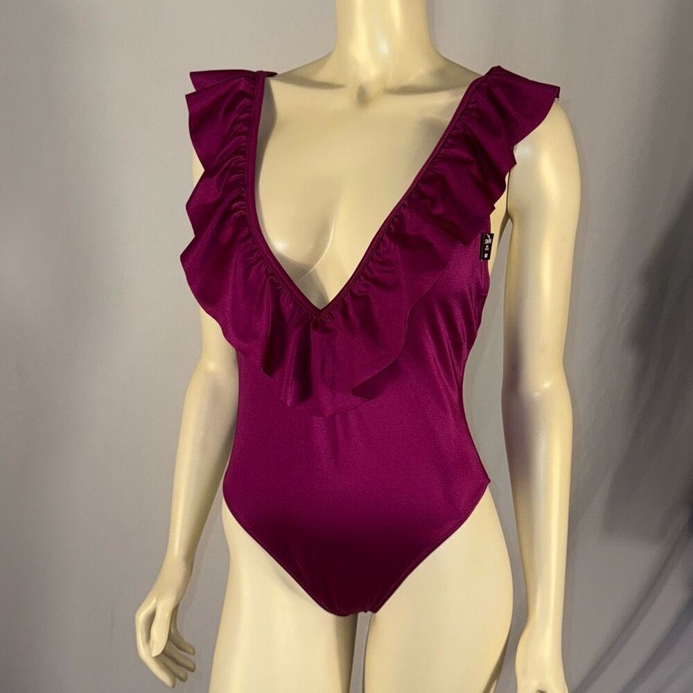 PINK Victoria's Secret One Piece Ruffle Swimsuit Deep V Violet Purple Medium‎ - Picture 10 of 15